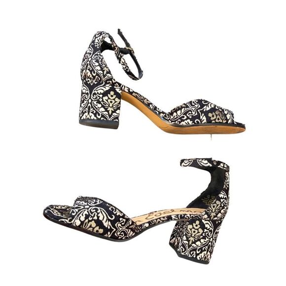 Sam Edelman Susie Black Metallic Jacquard Pattern Ankle Strap Heels Size 10 - Picture 1 of 7